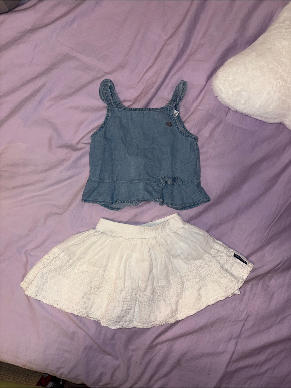 Girls Calvin Klein Set White Eyelet Skort and Denim Tank Top
